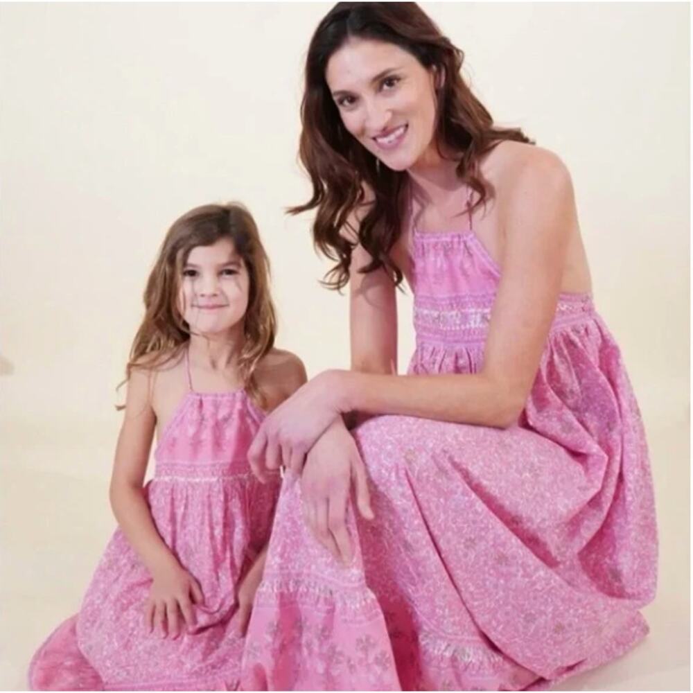 Fox in Gown Bella Cotton Halter Tiered Maxi Dress Pink Gold XS